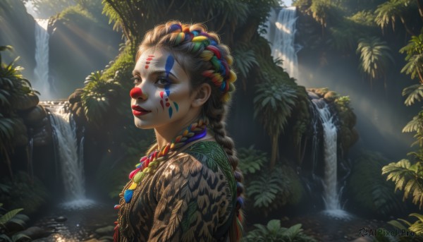 1girl,solo,long hair,looking at viewer,blue eyes,brown hair,hair ornament,brown eyes,jewelry,upper body,braid,outdoors,parted lips,teeth,day,water,necklace,from side,tree,lips,looking to the side,eyelashes,makeup,leaf,facial mark,sunlight,feathers,plant,lipstick,nature,scenery,eyeshadow,forest,beads,light rays,nose,headdress,red lips,feather hair ornament,facepaint,sunbeam,dappled sunlight,bead necklace,waterfall,bodypaint,hair beads,moss,tribal,native american,multiple braids,black hair,closed mouth