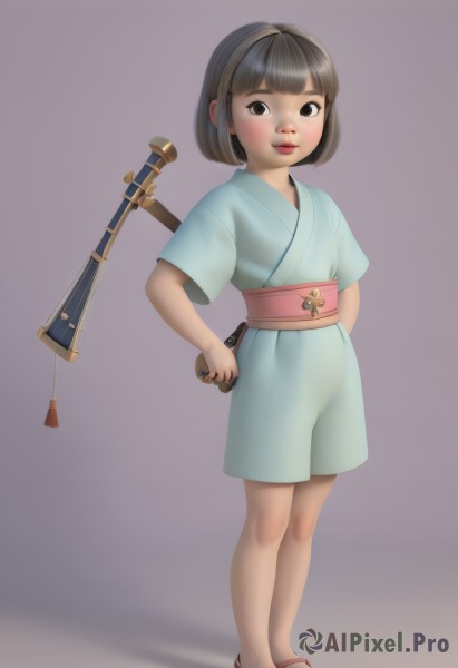 1girl,solo,looking at viewer,smile,short hair,bangs,simple background,brown hair,black hair,brown eyes,closed mouth,standing,full body,weapon,short sleeves,japanese clothes,sword,blunt bangs,kimono,grey background,black eyes,lips,sash,shadow,obi,sandals,bob cut,sheath,instrument,child,sheathed,blue kimono,female child,short kimono,blush,shorts,realistic