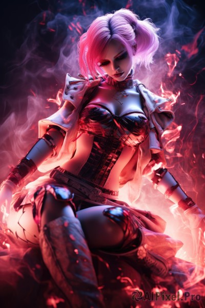 1girl,solo,breasts,looking at viewer,short hair,skirt,cleavage,jewelry,medium breasts,sitting,jacket,ponytail,pink hair,white hair,boots,open clothes,choker,belt,necklace,armor,open jacket,makeup,glowing,colored skin,corset,spikes,cropped jacket,knee pads,earrings,parted lips,midriff,collar,bracelet,lips,tattoo,piercing,lipstick,ear piercing,smoke