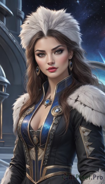 1girl,solo,long hair,breasts,looking at viewer,blush,brown hair,long sleeves,hat,cleavage,brown eyes,jewelry,medium breasts,closed mouth,upper body,earrings,outdoors,sky,necklace,lips,coat,fur trim,makeup,night,lipstick,gem,star (sky),night sky,starry sky,red lips,fur hat,ushanka,jacket,multicolored hair,parted lips,artist name,two-tone hair,black jacket,eyeshadow,thick lips