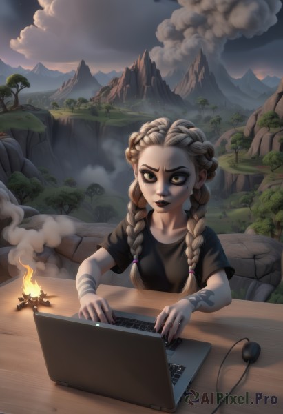 1girl,solo,long hair,blonde hair,shirt,jewelry,sitting,collarbone,yellow eyes,upper body,braid,short sleeves,earrings,outdoors,sky,artist name,cloud,nail polish,twin braids,tree,fingernails,black shirt,makeup,night,bandages,piercing,table,fire,lipstick,t-shirt,ear piercing,steam,nature,black nails,night sky,bandaid,hair over shoulder,smoke,colored sclera,rock,mountain,black sclera,computer,laptop,black lips,looking at viewer,brown hair,green eyes,lips,tattoo,thick eyebrows,cloudy sky,freckles,nose,facepaint,fog,mascara