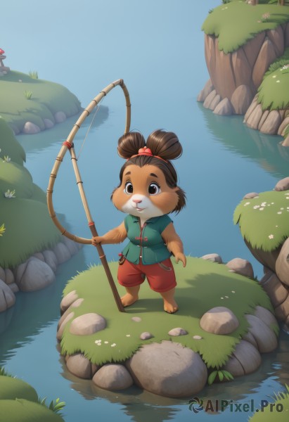 1girl,solo,looking at viewer,smile,brown hair,shirt,hair ornament,holding,animal ears,brown eyes,standing,full body,weapon,outdoors,sky,shorts,barefoot,sleeveless,day,water,hair bun,holding weapon,vest,tree,blue sky,sleeveless shirt,grass,child,furry,bow (weapon),rock,furry female,red shorts,river,topknot,fishing rod,short hair,flower,freckles,reflection,pond,fishing,holding fishing rod