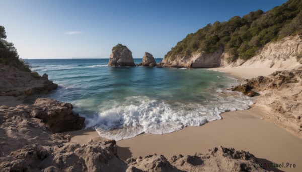 outdoors,sky,day,water,tree,blue sky,no humans,ocean,beach,nature,scenery,rock,sand,horizon,waves,shore,cloud,cliff