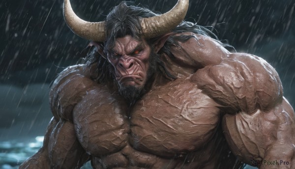 solo,long hair,looking at viewer,black hair,red eyes,1boy,closed mouth,nipples,upper body,male focus,outdoors,horns,pointy ears,dark skin,wet,muscular,glowing,facial hair,frown,scar,abs,dark-skinned male,thick eyebrows,pectorals,muscular male,bara,glowing eyes,beard,colored sclera,large pectorals,rain,veins,topless male,serious,mature male,cow horns,draph,manly,chest hair,biceps,thick arms,veiny arms,animal ears,nude,sky,blurry,night,blurry background,cloudy sky,scar on face,black sclera,cow ears,monster boy,scar on chest,arm hair,cow boy