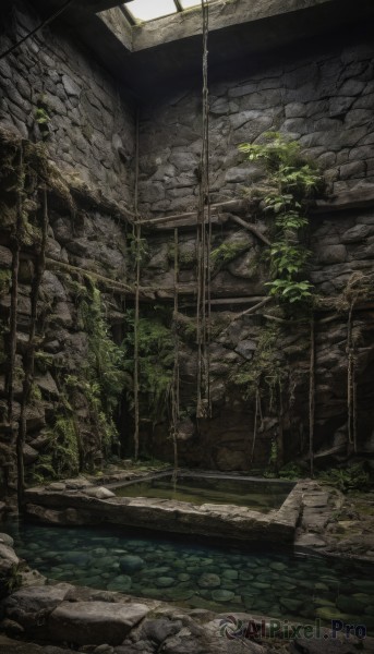 outdoors,day,water,tree,no humans,window,sunlight,plant,scenery,rock,stairs,ruins,lily pad,moss,stone,overgrown,stone wall,indoors