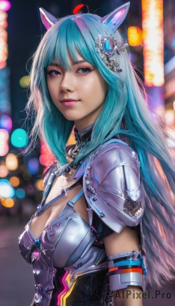 1girl,solo,long hair,breasts,looking at viewer,smile,bangs,blue eyes,hair ornament,animal ears,cleavage,medium breasts,closed mouth,blue hair,upper body,multicolored hair,cat ears,armor,blurry,two-tone hair,lips,grey eyes,aqua hair,makeup,depth of field,blurry background,fake animal ears,shoulder armor,pauldrons,breastplate,realistic,pink hair,green hair,from side,bokeh