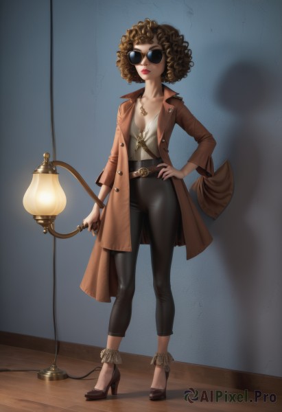 1girl,solo,breasts,looking at viewer,short hair,brown hair,shirt,long sleeves,holding,cleavage,jewelry,medium breasts,closed mouth,standing,collarbone,jacket,full body,white shirt,small breasts,open clothes,shoes,belt,pants,artist name,indoors,signature,necklace,bag,black footwear,high heels,lips,coat,hand on hip,makeup,shadow,black pants,sunglasses,lipstick,buckle,pendant,contrapposto,curly hair,lantern,wooden floor,belt buckle,handbag,nose,anklet,red lips,brown belt,lamp,brown coat,capri pants,plunging neckline,afro,high-waist pants,earrings,nail polish,facing viewer,open coat,trench coat