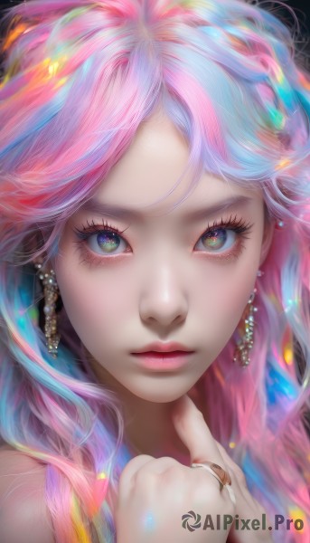 1girl,solo,long hair,looking at viewer,bangs,blue eyes,jewelry,closed mouth,green eyes,blue hair,pink hair,multicolored hair,earrings,hand up,lips,eyelashes,sparkle,makeup,ring,lipstick,portrait,close-up,eyeshadow,pink lips,glint,multicolored eyes,realistic,nose,red lips,mascara,rainbow hair,watermark,gem