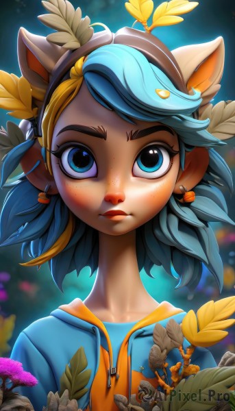 1girl,solo,looking at viewer,short hair,blue eyes,blonde hair,hair ornament,animal ears,jewelry,closed mouth,blue hair,collarbone,upper body,flower,multicolored hair,earrings,artist name,hood,blurry,lips,eyelashes,hoodie,makeup,swept bangs,leaf,hood down,feathers,freckles,drawstring,blue hoodie,deer ears,bangs,shirt,two-tone hair,blurry background,fake animal ears,watermark,blue shirt,goggles,portrait,web address,nose,leaf on head,orange shirt,acorn