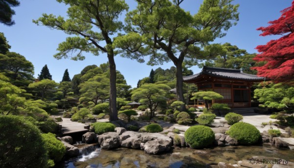 outdoors,sky,day,cloud,water,tree,blue sky,no humans,grass,building,nature,scenery,forest,rock,bush,shimenawa,architecture,east asian architecture,river,shrine,path,stone,stone lantern,plant,house,pond