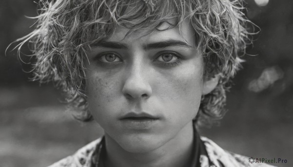 solo,looking at viewer,short hair,bangs,1boy,closed mouth,monochrome,greyscale,male focus,blurry,lips,blurry background,expressionless,messy hair,portrait,freckles,realistic,straight-on,eyelashes,depth of field,close-up,nose