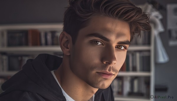 solo,looking at viewer,short hair,brown hair,shirt,1boy,brown eyes,closed mouth,jacket,white shirt,male focus,indoors,dark skin,hood,blurry,book,hoodie,blurry background,facial hair,dark-skinned male,hood down,portrait,beard,realistic,stubble,bookshelf,undercut,library,photo background,black hair,black jacket,close-up,sideburns,mature male