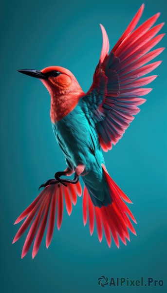 solo,simple background,closed mouth,full body,wings,black eyes,from side,pokemon (creature),no humans,bird,animal,blue background,feathers,flying,realistic,animal focus,aqua background,talons,beak,spread wings