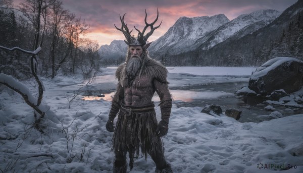 solo,gloves,1boy,standing,male focus,outdoors,horns,sky,cloud,tree,fur trim,muscular,facial hair,nature,scenery,beard,snow,rock,snowing,mountain,antlers,bare tree,long hair,grey hair,belt,armor,abs,facing viewer,clenched hands,sunset