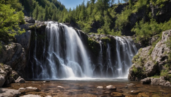 A waterfall portrayed in a vivid day