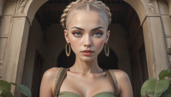 1girl,solo,breasts,looking at viewer,blonde hair,cleavage,bare shoulders,jewelry,medium breasts,closed mouth,green eyes,collarbone,upper body,braid,hairband,earrings,indoors,lips,grey eyes,dutch angle,eyelashes,leaf,plant,hoop earrings,realistic,nose,pillar,column,yellow eyes,makeup,portrait,forehead