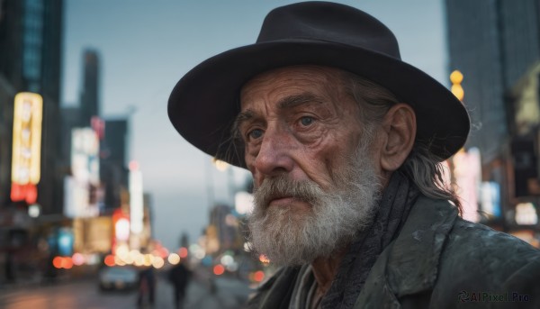 solo,blue eyes,1boy,hat,closed mouth,jacket,upper body,grey hair,male focus,outdoors,signature,blurry,black headwear,depth of field,blurry background,facial hair,building,portrait,beard,city,realistic,mustache,manly,old,old man,looking at viewer,sky,lips,coat,grey eyes,night,cityscape,bokeh,city lights