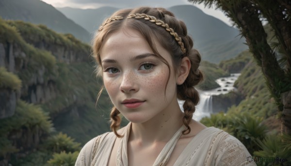 1girl,solo,long hair,looking at viewer,smile,brown hair,closed mouth,collarbone,upper body,braid,outdoors,day,mole,blurry,twin braids,tree,lips,grey eyes,blurry background,portrait,nature,freckles,mountain,realistic,nose,bangs,green eyes,sky,water,scenery,forest,mole on cheek