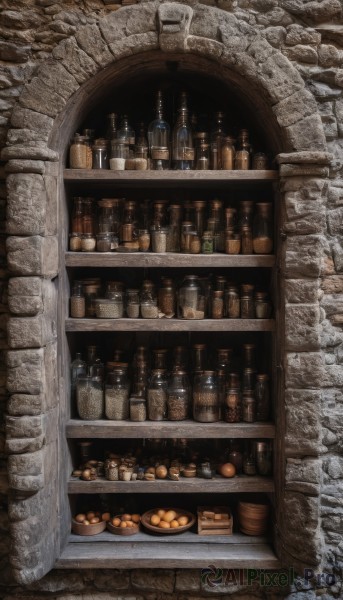 food,indoors,cup,no humans,fruit,traditional media,bottle,scenery,alcohol,realistic,bread,brick wall,shelf,wine bottle,food focus,bar (place),still life,plate,bowl,basket,wall,jar,counter,barrel,stone wall