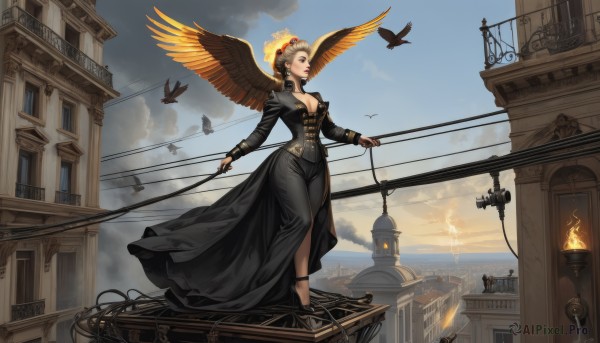 1girl,solo,breasts,short hair,blue eyes,blonde hair,brown hair,hair ornament,long sleeves,dress,cleavage,jewelry,medium breasts,standing,earrings,outdoors,parted lips,wings,sky,choker,day,cloud,black footwear,black dress,high heels,blue sky,lips,looking to the side,makeup,bird,animal,halo,looking away,ring,cloudy sky,fire,lipstick,wind,building,scenery,feathered wings,corset,smoke,flying,long skirt,city,aircraft,nose,long dress,railing,red lips,watercraft,ship,tower,rooftop,spread wings,balcony,skirt,large breasts,holding,jacket,full body,weapon,water,window,steampunk,large wings