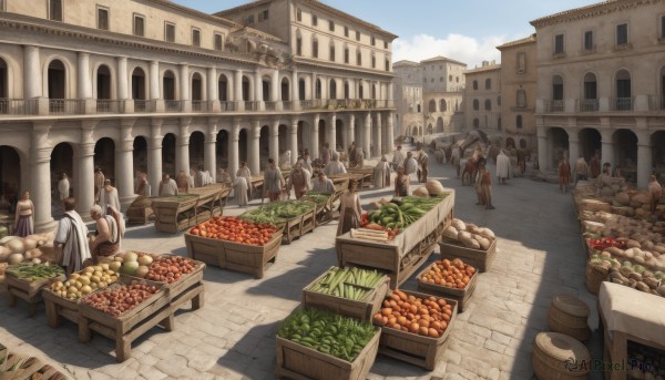 outdoors,food,multiple boys,sky,day,cloud,armor,blue sky,no humans,fruit,building,scenery,6+boys,fantasy,apple,basket,road,carrot,architecture,bread,horse,statue,crowd,vegetable,arch,barrel,people,pavement,cart,multiple girls,dress,holding,standing,bag,shadow,cloak,walking,robe,city,town,potato,radish