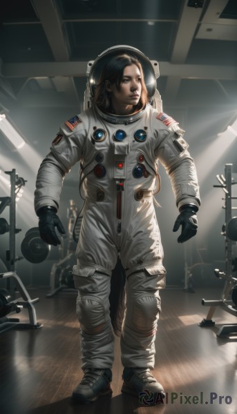 solo,black hair,gloves,1boy,brown eyes,standing,full body,male focus,black gloves,indoors,black eyes,looking to the side,facial hair,helmet,beard,reflection,realistic,american flag,spacesuit,japanese flag,astronaut,looking at viewer,brown hair,signature,science fiction,light rays,space,planet,earth (planet),spacecraft,space helmet