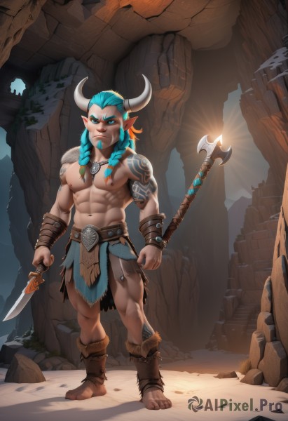 solo,long hair,looking at viewer,blue eyes,1boy,navel,holding,jewelry,nipples,blue hair,standing,full body,weapon,braid,male focus,boots,horns,barefoot,pointy ears,artist name,necklace,stomach,holding weapon,twin braids,aqua hair,tattoo,muscular,glowing,facial hair,piercing,abs,thick eyebrows,knife,pectorals,muscular male,bara,glowing eyes,pelvic curtain,large pectorals,dual wielding,topless male,rock,arm tattoo,axe,loincloth,tooth necklace,multiple braids,thighs,thick thighs,sunlight,beard,mature male,bare pectorals,chest tattoo,navel hair