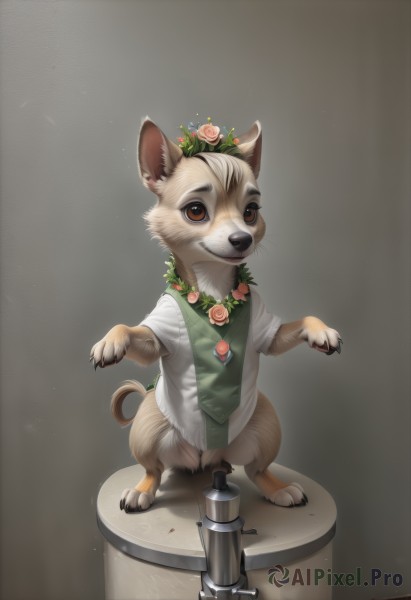 solo,looking at viewer,smile,simple background,shirt,1boy,brown eyes,jewelry,standing,tail,full body,white shirt,flower,male focus,grey background,necklace,vest,no humans,rose,furry,furry male,head wreath,brown fur,faux figurine,hair ornament,animal ears,artist name,hair flower,leaf,freckles