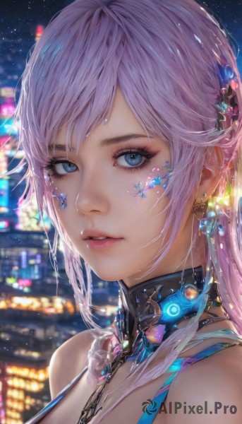 1girl,solo,long hair,breasts,looking at viewer,bangs,blue eyes,hair ornament,cleavage,bare shoulders,jewelry,pink hair,earrings,parted lips,sky,choker,blurry,collar,lips,eyelashes,makeup,night,blurry background,facial mark,gem,portrait,close-up,crystal,nose,mascara,city lights,crystal earrings,upper body,purple hair,sidelocks,outdoors,necklace,star (symbol),depth of field,swept bangs,star (sky),night sky,starry sky,city,realistic