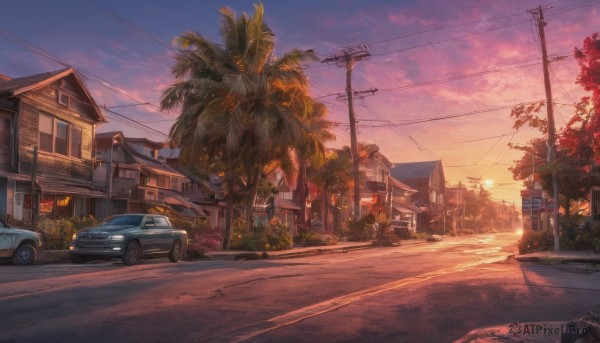 outdoors, sky, cloud, tree, dutch angle, no humans, ground vehicle, building, scenery, motor vehicle, sunset, palm tree, car, road, house, power lines, lamppost, street, utility pole