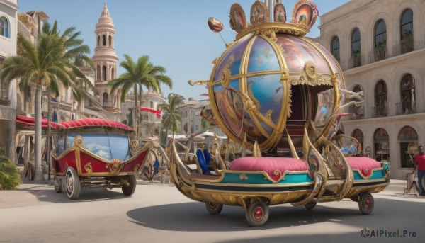 multiple girls,hat,outdoors,multiple boys,sky,day,cloud,tree,blue sky,window,shadow,ground vehicle,building,scenery,motor vehicle,6+boys,city,sign,fantasy,palm tree,clock,flag,car,road,vehicle focus,lamppost,street,banner,long hair,short hair,brown hair,dress,2girls,sitting,2boys,cape,walking,gears,tower,people