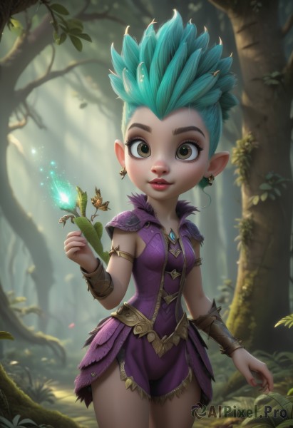 1girl,solo,breasts,looking at viewer,smile,short hair,dress,holding,brown eyes,jewelry,blue hair,standing,cowboy shot,earrings,small breasts,outdoors,parted lips,green hair,sleeveless,day,pointy ears,armor,blurry,tree,lips,aqua hair,blurry background,leaf,short dress,plant,spiked hair,nature,purple dress,armlet,forest,freckles,fairy,bracer,flower,shorts,teeth,artist name,signature,mohawk