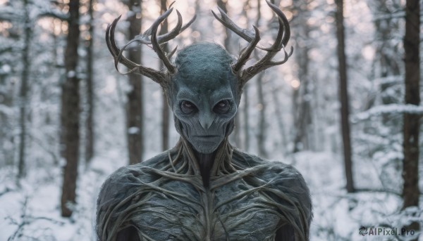 solo, looking at viewer, closed mouth, upper body, outdoors, blurry, tree, no humans, blurry background, nature, snow, forest, monster, antlers