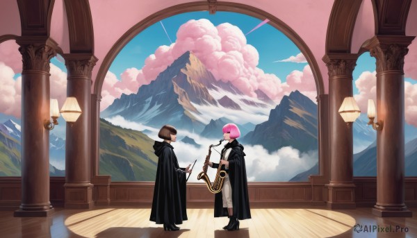 1girl,short hair,multiple girls,brown hair,long sleeves,1boy,holding,2girls,standing,pink hair,boots,outdoors,sky,day,pants,cloud,hood,cape,black footwear,looking at another,high heels,blue sky,profile,shadow,hood down,cloudy sky,instrument,scenery,cloak,robe,mountain,fantasy,music,wide shot,playing instrument,hooded cloak,holding instrument,pillar,harp,black hair,gloves,indoors,helmet,height difference,mountainous horizon,black cloak