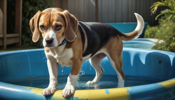 HQ,solo,blue eyes,closed mouth,full body,outdoors,day,indoors,water,blurry,collar,wet,no humans,blurry background,animal,plant,dog,realistic,pool,animal focus,puddle,hose,looking at viewer,brown eyes,standing,tree,animal collar,pet