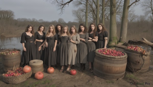 long hair,breasts,looking at viewer,smile,multiple girls,blonde hair,brown hair,black hair,dress,cleavage,jewelry,standing,flower,outdoors,food,water,black dress,tree,fruit,6+girls,crossed arms,nature,apple,basket,mushroom,grapes,fine art parody,log,short hair,large breasts,boots,sky,book,brown footwear,grass,bare tree,barrel