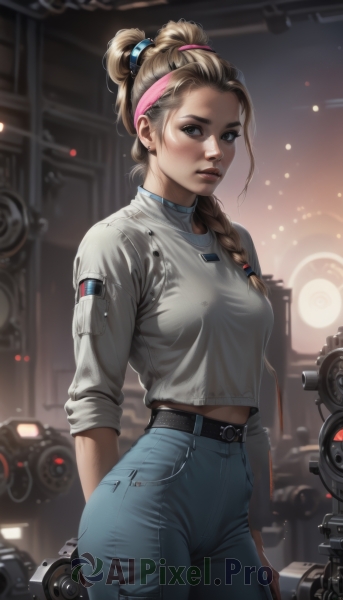 1girl,solo,long hair,breasts,looking at viewer,blue eyes,blonde hair,brown hair,shirt,hair ornament,brown eyes,medium breasts,standing,white shirt,braid,cowboy shot,hairband,parted lips,midriff,belt,pants,artist name,blurry,lips,single braid,blurry background,denim,hair over shoulder,freckles,braided ponytail,jeans,realistic,nose,hair tie,blue pants,midriff peek,hair pulled back,high-waist pants,jewelry,ponytail,earrings,hair bun,makeup,headband,arms behind back,thick eyebrows,robot,backlighting,dirty,wrench,dirty face