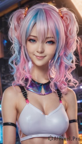 1girl,solo,long hair,breasts,looking at viewer,smile,bangs,blue eyes,hair ornament,cleavage,bare shoulders,twintails,medium breasts,closed mouth,blue hair,upper body,pink hair,multicolored hair,midriff,shiny,medium hair,blurry,covered nipples,two-tone hair,lips,streaked hair,crop top,eyelashes,makeup,blurry background,wavy hair,eyeshadow,freckles,realistic,nose,arm strap,mascara,hair between eyes,small breasts,artist name,bra,detached collar,short twintails,armband,armlet