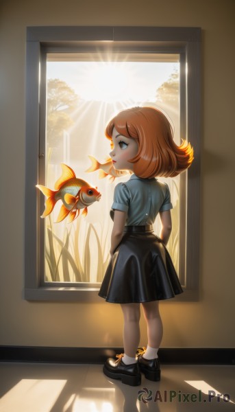 1girl,solo,blush,smile,short hair,skirt,brown hair,shirt,brown eyes,standing,full body,white shirt,short sleeves,shoes,socks,indoors,black skirt,medium hair,from behind,black footwear,orange hair,tree,window,shadow,animal,sunlight,blue shirt,white socks,child,reflection,fish,female child,goldfish,bangs,blue eyes,school uniform