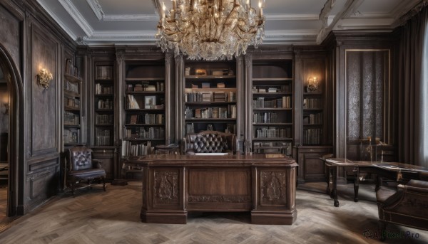 indoors,book,no humans,window,chair,table,sunlight,curtains,scenery,wooden floor,door,bookshelf,lamp,candle,shelf,carpet,candlestand,rug,cabinet,chandelier,fireplace,wooden chair,day,painting (object),reflective floor