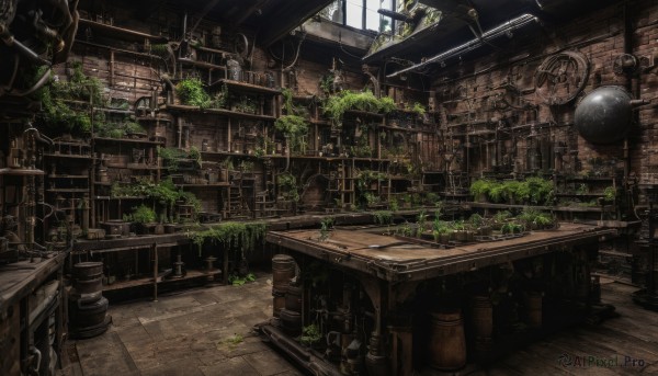 indoors,tree,no humans,window,sunlight,plant,scenery,stairs,potted plant,ruins,vines,gears,arch,barrel,overgrown,signature,clock