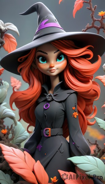 1girl,solo,long hair,breasts,looking at viewer,blush,smile,blue eyes,long sleeves,hat,dress,closed mouth,green eyes,standing,flower,red hair,cowboy shot,outdoors,belt,artist name,orange hair,black dress,aqua eyes,lips,eyelashes,black headwear,makeup,witch hat,leaf,wavy hair,thick eyebrows,plant,buckle,freckles,curly hair,nose,arms at sides,witch,watermark,web address