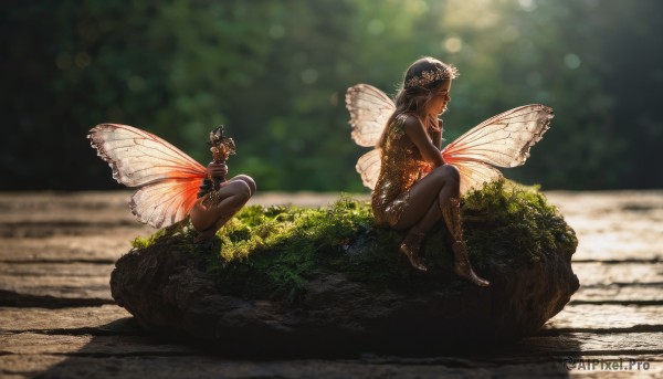 1girl,long hair,breasts,short hair,multiple girls,brown hair,black hair,hair ornament,dress,2girls,bare shoulders,jewelry,sitting,closed eyes,flower,outdoors,wings,barefoot,day,pointy ears,dark skin,blurry,from side,dark-skinned female,tree,profile,depth of field,blurry background,sunlight,grass,bug,nature,minigirl,rock,fantasy,antennae,fairy wings,fairy,butterfly wings,insect wings,scenery,head wreath