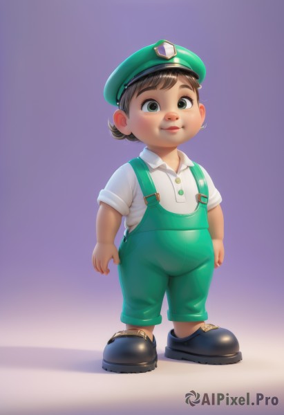 solo,looking at viewer,smile,short hair,simple background,brown hair,shirt,1boy,hat,closed mouth,green eyes,standing,full body,white shirt,short sleeves,male focus,shoes,collared shirt,black footwear,suspenders,child,purple background,green headwear,female child,overalls,male child,fat,blue overalls,black hair,realistic