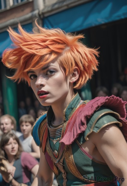 1girl,looking at viewer,short hair,multiple girls,brown hair,brown eyes,jewelry,upper body,earrings,parted lips,multiple boys,sleeveless,solo focus,necklace,orange hair,armor,blurry,black eyes,lips,makeup,floating hair,depth of field,blurry background,lipstick,wind,shoulder armor,messy hair,freckles,realistic,nose,red lips,crowd,2girls,outdoors,teeth,artist name,watermark,dirty