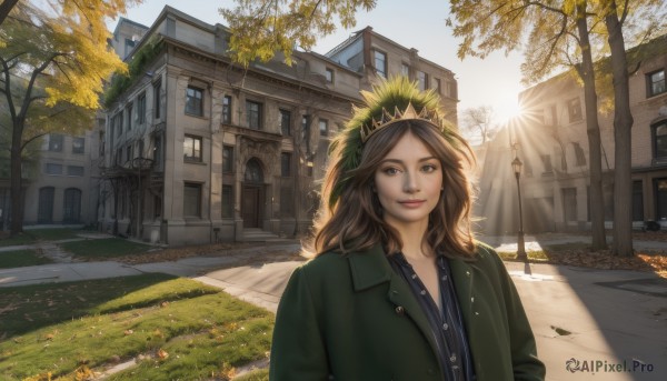 1girl,solo,long hair,looking at viewer,smile,brown hair,shirt,brown eyes,closed mouth,jacket,upper body,outdoors,open clothes,sky,day,tree,lips,coat,window,buttons,leaf,sunlight,grass,wind,building,scenery,green jacket,realistic,headdress,road,autumn leaves,house,lamppost,street,autumn,path,pavement,flower,blue sky,shadow,blue shirt,sun