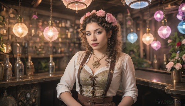 1girl,solo,long hair,breasts,looking at viewer,smile,brown hair,shirt,black hair,hair ornament,cleavage,brown eyes,jewelry,medium breasts,white shirt,upper body,flower,earrings,belt,indoors,hair flower,dark skin,necklace,blurry,black eyes,dark-skinned female,lips,dutch angle,eyelashes,makeup,depth of field,blurry background,rose,drill hair,table,suspenders,bottle,light smile,plant,lipstick,lace,corset,pink flower,pendant,alcohol,sleeves rolled up,curly hair,realistic,nose,fantasy,pink rose,shelf,ringlets,wine bottle,sleeves past elbows,bar (place),parted lips,mole,cup,watermark,wavy hair,white flower,lamp,light bulb