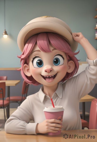 1girl,solo,looking at viewer,blush,smile,short hair,open mouth,bangs,blue eyes,shirt,long sleeves,hat,holding,sitting,white shirt,upper body,pink hair,:d,teeth,collared shirt,artist name,indoors,blurry,arm up,cup,dress shirt,blurry background,fangs,chair,table,wing collar,holding cup,freckles,drinking straw,drink,brown headwear,hand on headwear,cabbie hat,disposable cup,ceiling light,pov across table,child