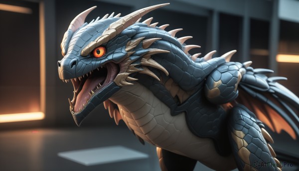 HQ,solo,looking at viewer,open mouth,red eyes,tail,wings,horns,teeth,tongue,indoors,tongue out,blurry,orange eyes,pokemon (creature),no humans,blurry background,fangs,sharp teeth,slit pupils,claws,spikes,colored sclera,monster,black sclera,scales,realistic,dragon