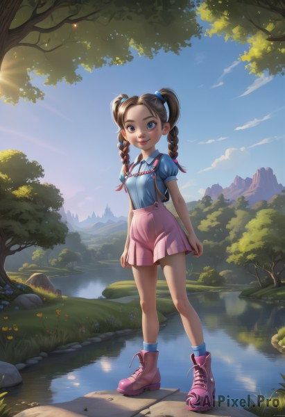 1girl,solo,long hair,looking at viewer,smile,blue eyes,brown hair,shirt,bow,ribbon,twintails,standing,full body,hair ribbon,braid,flower,short sleeves,hair bow,boots,outdoors,parted lips,sky,shoes,shorts,teeth,day,socks,puffy sleeves,collared shirt,artist name,cloud,water,twin braids,tree,blue sky,puffy short sleeves,lips,short shorts,sunlight,suspenders,grass,blue shirt,child,nature,reflection,rock,mountain,arms at sides,sun,pink footwear,female child,river,pink shorts,suspender shorts,pond,stream,breasts,blush,bangs,skirt,closed mouth,pleated skirt,small breasts,striped,miniskirt,bag,backpack,aged down,forehead,pink skirt,backlighting,freckles,blue footwear,nose,hair tie,suspender skirt,ankle boots,blue socks,lake,pink socks